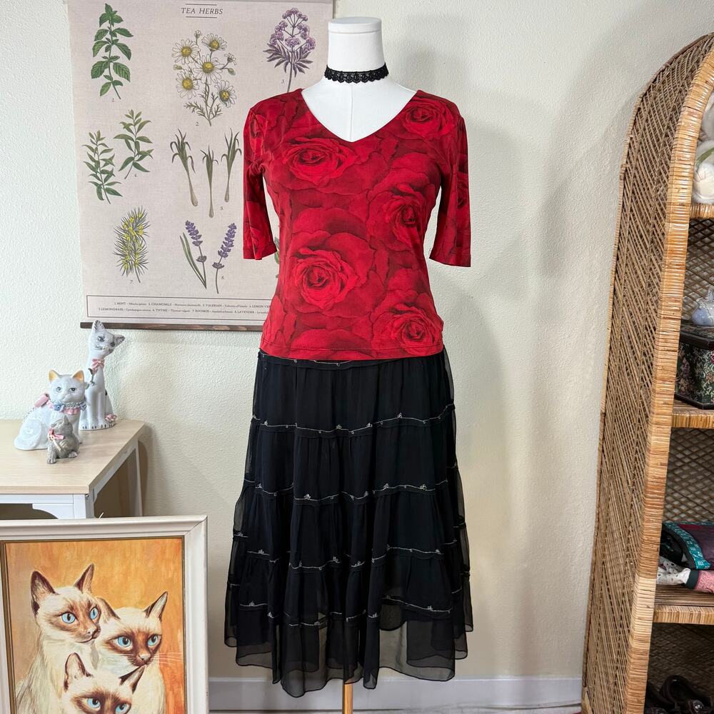Vintage 90s Y2k Red Rose Mesh Top Vampire Whimsigoth Romantic Goth Sexy Trashy M